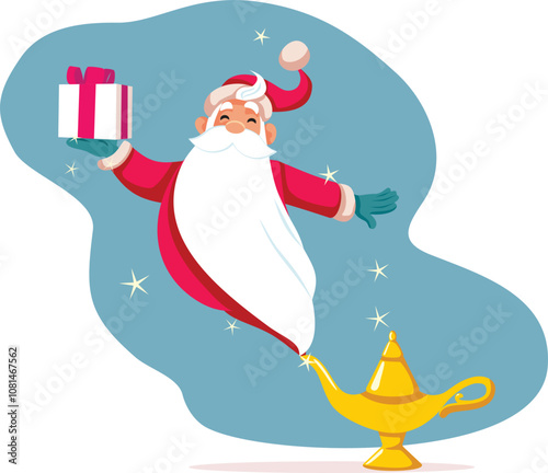 Santa Claus Coming out of a Lamp Fulfilling Wishes Vector Cartoon. Generous Santa giving presents during magical holidays 
