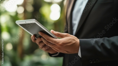 Close-up of a businessman using a tablet device in a green environment.