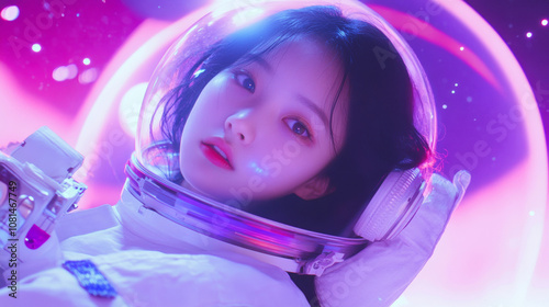 Young woman asian lady girl wearing astronaut spacesuit in space with universe planet pink purple background. futuristic cyberpunk virtual reality cyberspace dreamy cool fashion wallpaper photo