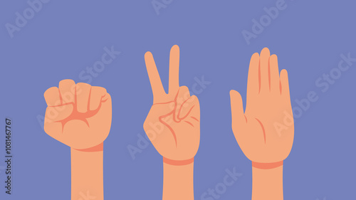 Hands Making Rock, Paper, Scissors Gestures Vector Cartoon illustration. Group of friends playing games together 
