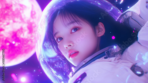 Young woman asian lady girl wearing astronaut spacesuit in space with universe planet pink purple background. futuristic cyberpunk virtual reality cyberspace dreamy cool fashion wallpaper photo