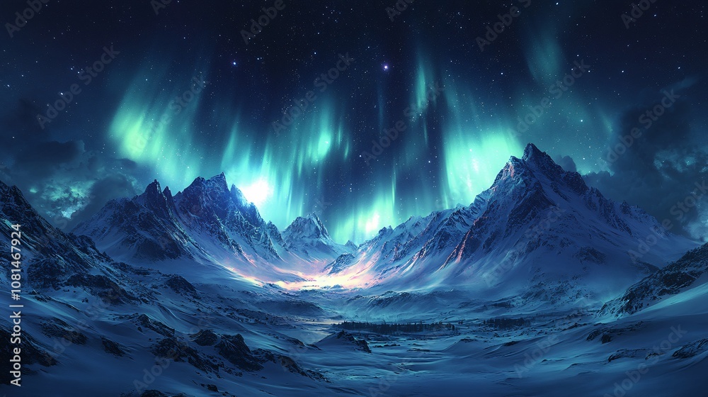 Naklejka premium Captivating nighttime view of snowy mountain peaks under a vivid aurora borealis sky, 