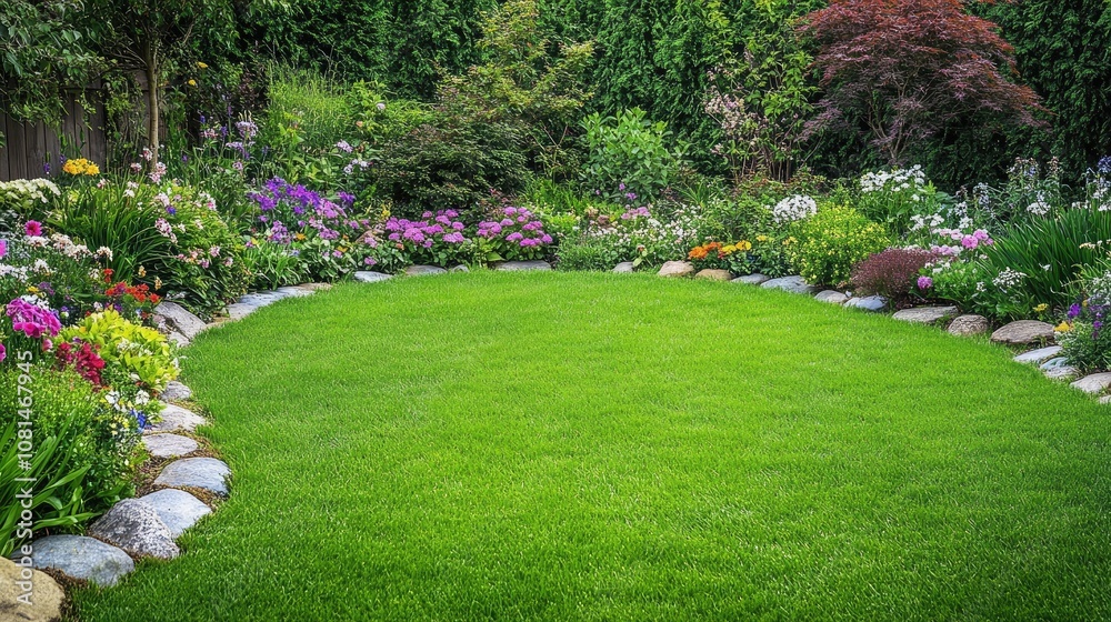 Obraz premium Lush Green Lawn Surrounded by Colorful Flowerbeds and Vibrant Plants in a Serene Garden Haven Ideal for Outdoor Relaxation and Nature Appreciation
