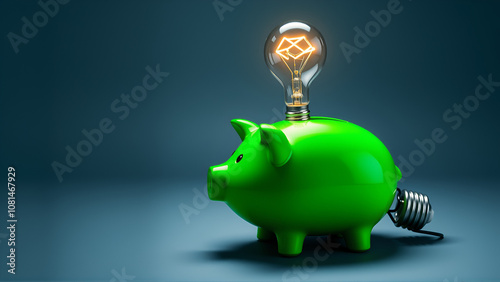 Green electic electric bulb piggy bank on neutral studio background as energy saving concept poster or banner photo