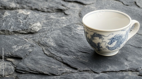 Elegant Ceramic Tea Cup with Dragon Design on Dark Stone Surface, Perfect for Teatime and Decorative Use in Asian-Inspired Home Decor or Culinary Styled Photography photo