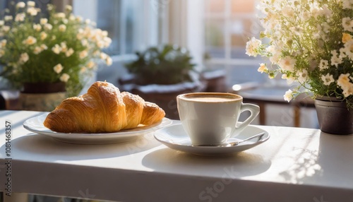 Freshly Brewed Coffee and a Slice of Butter Croissant Served on a Sunlit Breakfast Table, Captured in a Bright and Airy Cafe Setting with Minimalist Decor