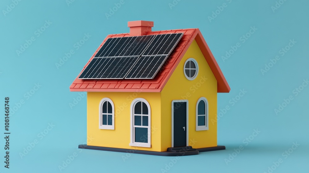 Cute cartoon mesh house model featuring a tab shingle roof and black solar panel on top, rounded features with eco-friendly elements, sustainability in a friendly, approachable style. Cute cartoon mesh house model featuring a tab shingle roof and black solar panel on top, rounded features with eco-friendly elements, sustainability in a friendly, approachable style.