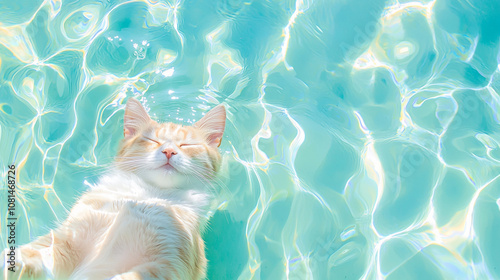 A cat floating in water clear refreshing background. luminous cute kitty pet fashion wallpaper