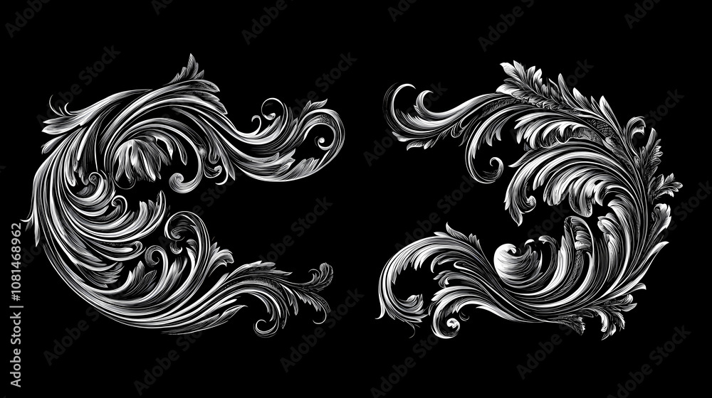 Modern floral engraved scroll ornament leaf retro decorative design tattoo black and white filigree calligraphic heraldic shield swirl vintage victorian frame border. Baroque. Illustration Modern floral engraved scroll ornament leaf retro decorative design tattoo black and white filigree calligraphic heraldic shield swirl vintage victorian frame border. Baroque. Illustration