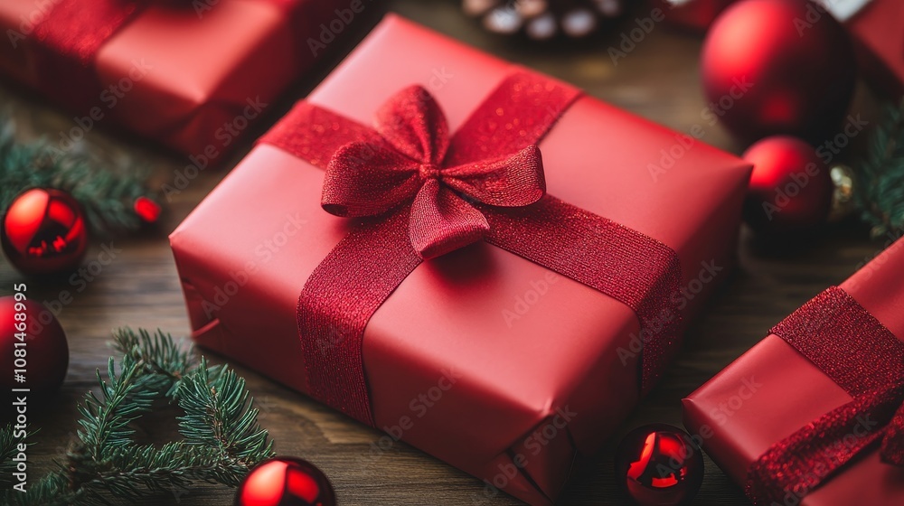 A festive arrangement of red-wrapped gift with ornament and greenery for holiday celebrations. A festive arrangement of red-wrapped gift with ornament and greenery for holiday celebrations.