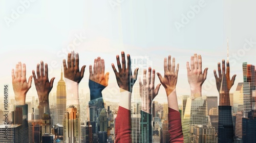 A dynamic representation of diverse leadership, showing a series of hands from different backgrounds raising a shared flag in front of a cityscape, Symbolizing unity and leadership through diversity