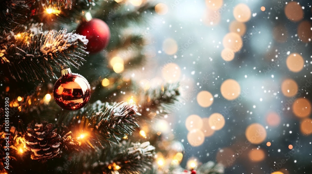 A festive Christmas tree adorned with ornament and light, set against a snowy background. A festive Christmas tree adorned with ornament and light, set against a snowy background.