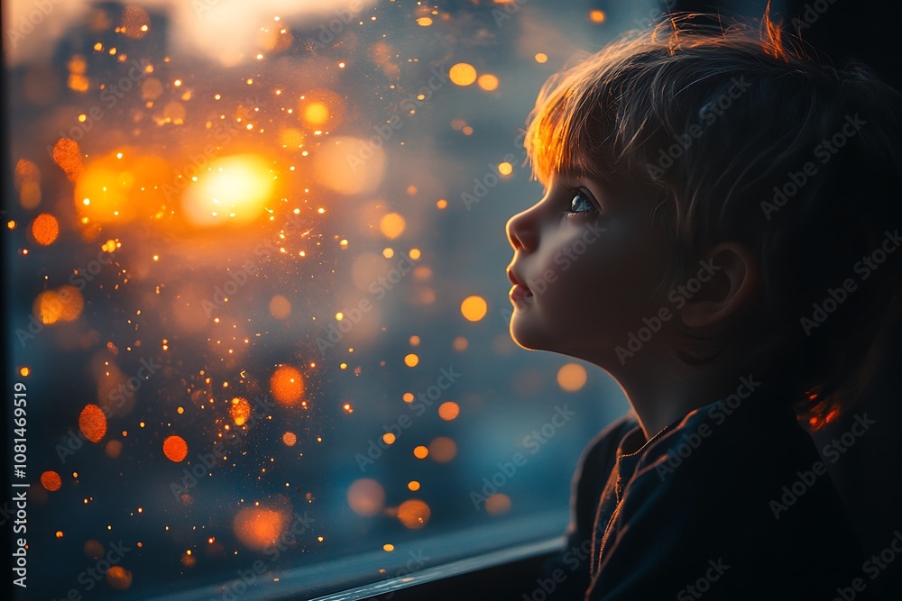 Young boy looking out window at sunset, rain droplets on glass. Silhouette of child with dreamy, contemplative mood. Young boy looking out window at sunset, rain droplets on glass. Silhouette of child with dreamy, contemplative mood.