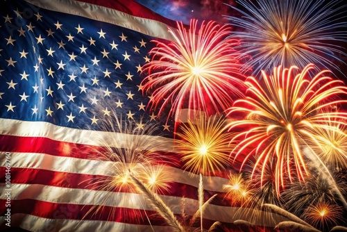 a flag with fireworks in the background and a flag with fireworks in the background