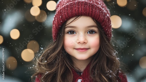 A smiling girl in a red hat surrounded by snowflakes and soft, glowing light.