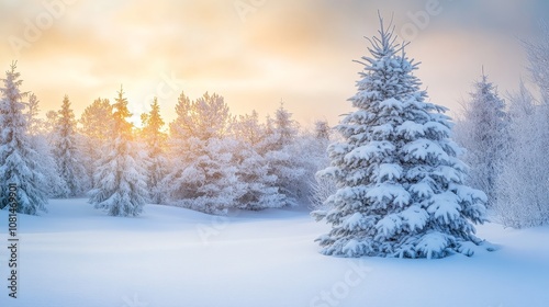 A serene winter landscape with snow-covered tree and a glowing sunrise in the background.