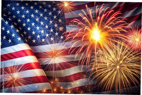 a flag with fireworks in the background and a flag with fireworks in the background