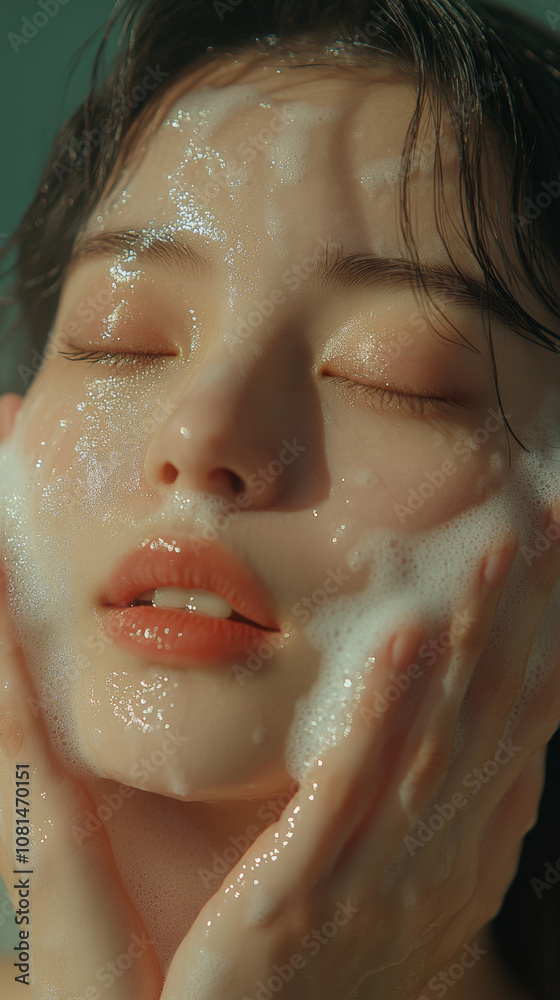 Fototapeta premium Smile asian young woman wash face with foam facial cleanser gel. Happy facial beauty massage show apply cosmetic product on skin cheeks routine with closed eyes fresh background. skincare spa salon