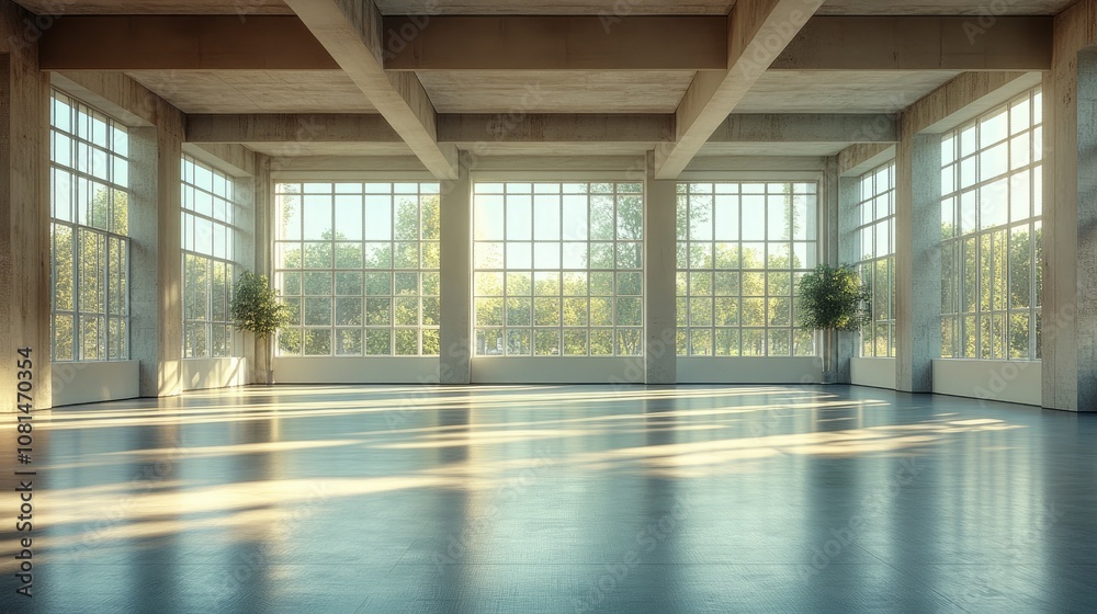 Spacious modern loft with large windows, concrete ceiling beams, and sunlight streaming through. Spacious modern loft with large windows, concrete ceiling beams, and sunlight streaming through.