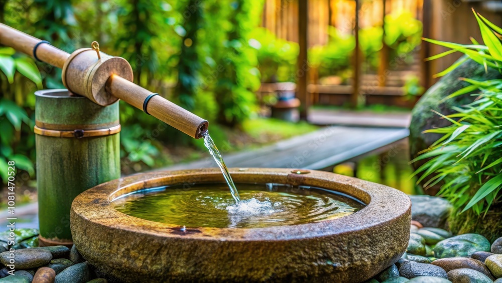 Japanese bamboo water fountain in a tranquil Zen garden setting, Japanese, bamboo, water fountain, Zen garden, traditional Japanese bamboo water fountain in a tranquil Zen garden setting, Japanese, bamboo, water fountain, Zen garden, traditional