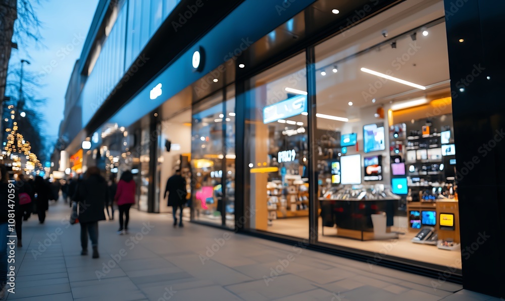 A bustling city street at dusk, with shoppers walking past a brightly lit storefront. A bustling city street at dusk, with shoppers walking past a brightly lit storefront.