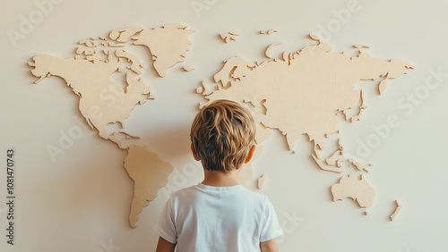 Child admires a wooden world map on the wall, sparking curiosity and wanderlust in young explorers. photo