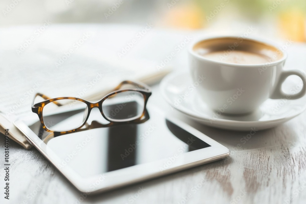 A digital tablet with eyeglasses resting beside a cup of coffee, symbolizing digital work, relaxation, and modern convenience