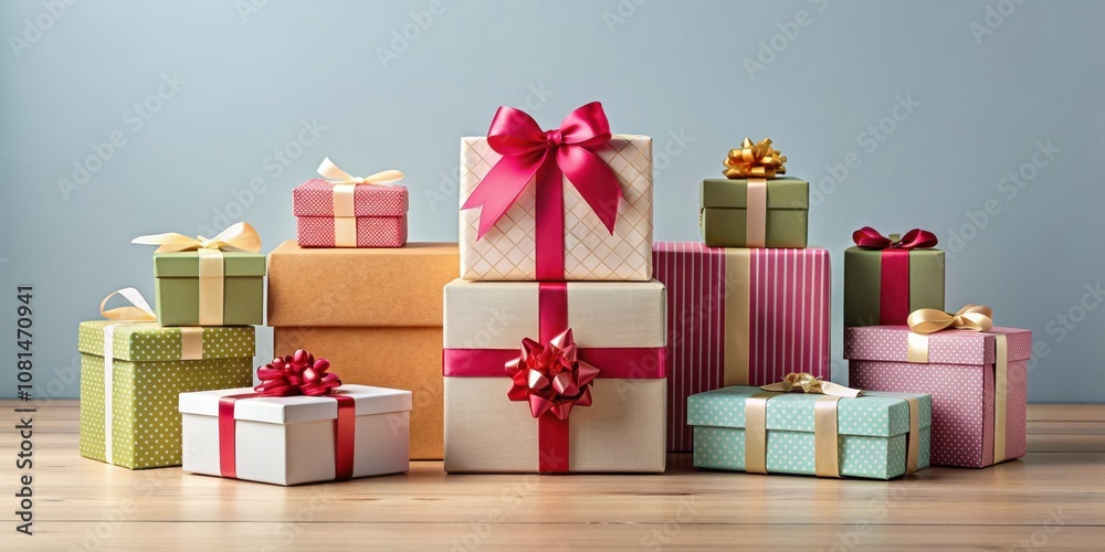 Obraz premium Gift boxes of various shapes and sizes, many presents rendering, gift boxes, presents, rendering, festive