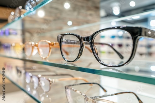 A display of prescription eyeglasses on a glass shelf in an optical store, symbolizing vision correction and modern style photo