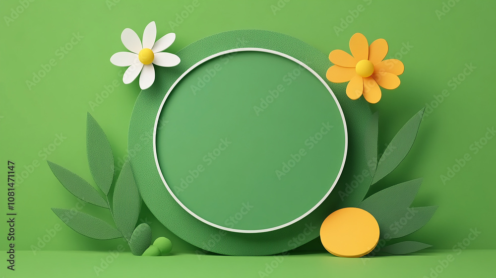 A green background with a white circle and flowers. A green background with a white circle and flowers.
