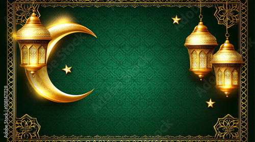 A green background with a golden crescent moon, stars, and lanterns hanging from the top.