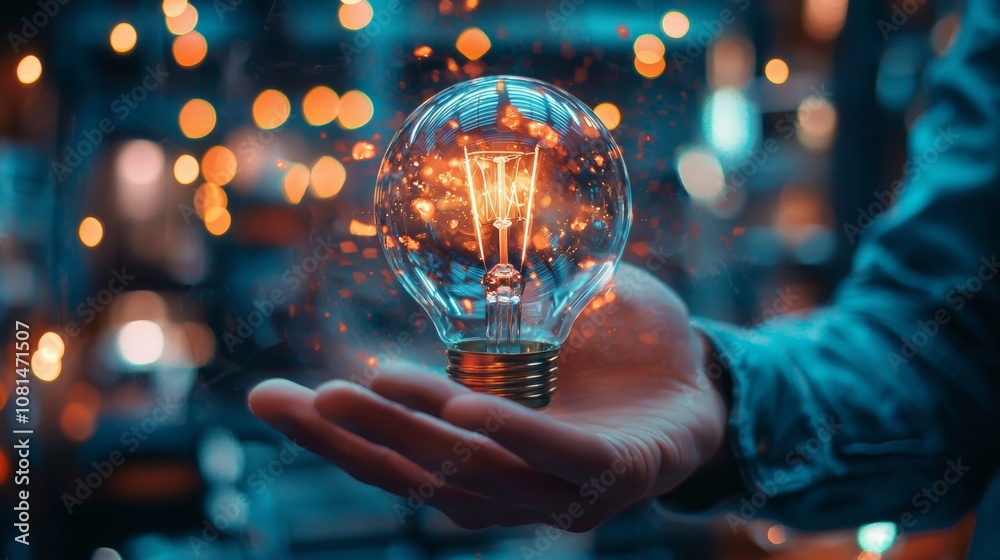 Hand holding glowing light bulb with bokeh background Hand holding glowing light bulb with bokeh background