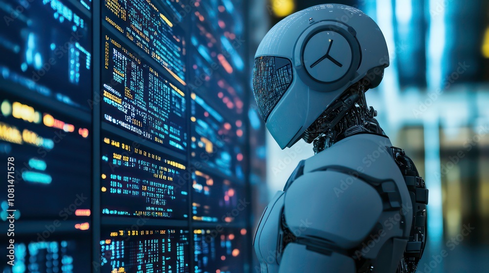 A humanoid robot stands before a wall of glowing digital screens, processing information and data. A humanoid robot stands before a wall of glowing digital screens, processing information and data.