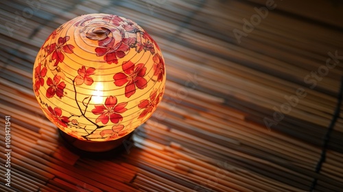 Elegant Paper Lantern with Floral Design on Wooden Mat, Illuminated Warmly, Creating a Cozy and Inviting Atmosphere for Home Decor and Celebrations