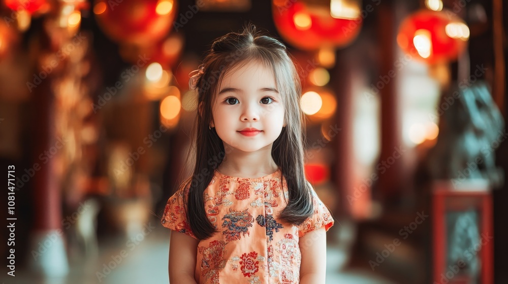 A young girl poses in a vibrant setting adorned with lantern, showcasing cultural charm.