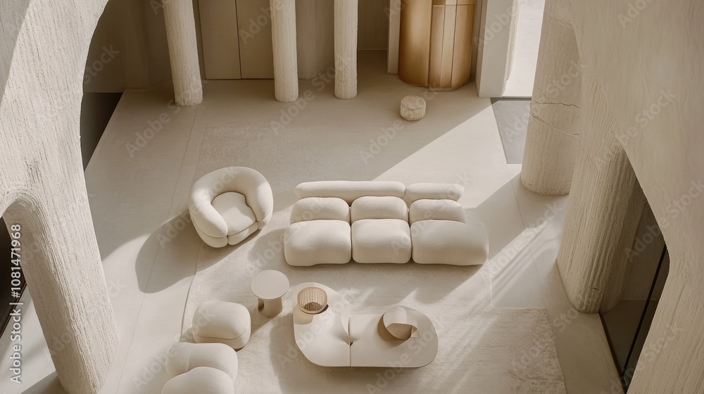 Fototapeta premium Modern Minimalist Living Room with Cream Color Sofa and Natural Light Illuminating Organic Shapes and Textures in Contemporary Interior Design