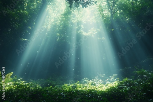 Sunbeams shining through the canopy of a lush green jungle