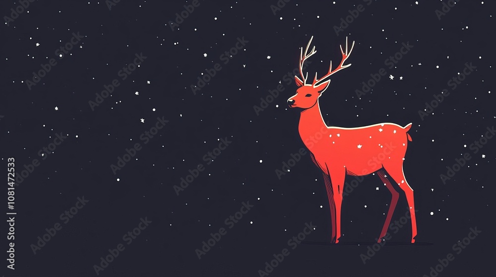 A stylized red deer standing against a dark snowy background. A stylized red deer standing against a dark snowy background.