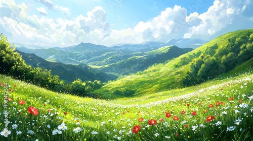 Serene Spring Landscape of Blooming Green Hills