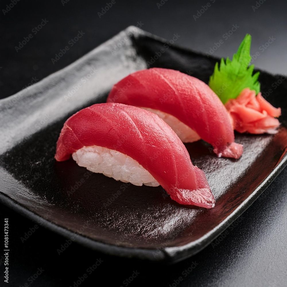 Clean Presentation of Maguro Nigiri Sushi with Fresh Tuna and Wasabi, Captured on a Sleek Black Plate for a Bold and Modern Look Clean Presentation of Maguro Nigiri Sushi with Fresh Tuna and Wasabi, Captured on a Sleek Black Plate for a Bold and Modern Look