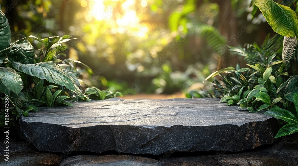 A gray stone platform in a lush green forest with sunbeams shining through the leaves. A gray stone platform in a lush green forest with sunbeams shining through the leaves.