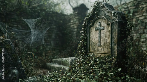 A weathered stone headstone with a cross sits in a forgotten graveyard, overgrown with ivy and spider webs.