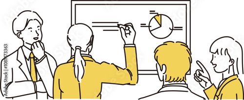 笑顔で話し合う4人のビジネスマンがミーティングをしているシンプルな手描き風イラスト素材