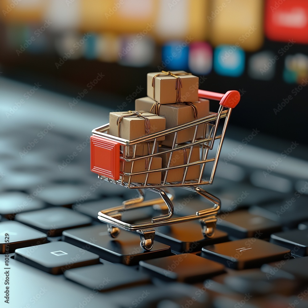 Shopping cart with gifts on laptop with festive bokeh background. Black Friday and Christmas discounts. Holiday gift-giving E-commerce, retail, and marketing Shopping cart with gifts on laptop with festive bokeh background. Black Friday and Christmas discounts. Holiday gift-giving E-commerce, retail, and marketing