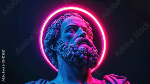 Socrates sculpture with a neon halo against dark background, highlighting the fusion of classical art and modern neon aesthetics photo