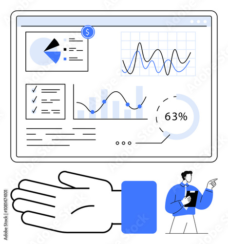 Business dashboard screen with charts, pie graph, checklist, and hand gesture. Ideal for data analysis, business, finance, statistics strategy technology and corporate presentations. Line metaphor