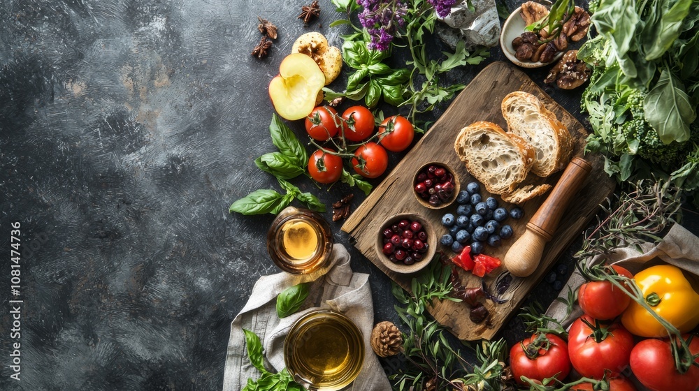 Rustic brunch setup with fruits, bread, and herbs on dark background Rustic brunch setup with fruits, bread, and herbs on dark background