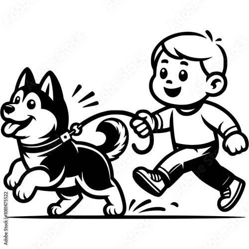 Boy runs after pet with husky dog with leash in monochrome. Simple minimalistic vector in black ink drawing on transparent background