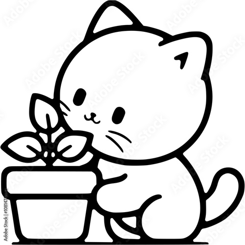 Small white kitten curiously examines a potted houseplant in monochrome. Simple minimalistic vector in black ink drawing on transparent background