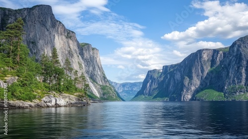 A serene fjord landscape with towering cliffs and calm waters under a blue sky.